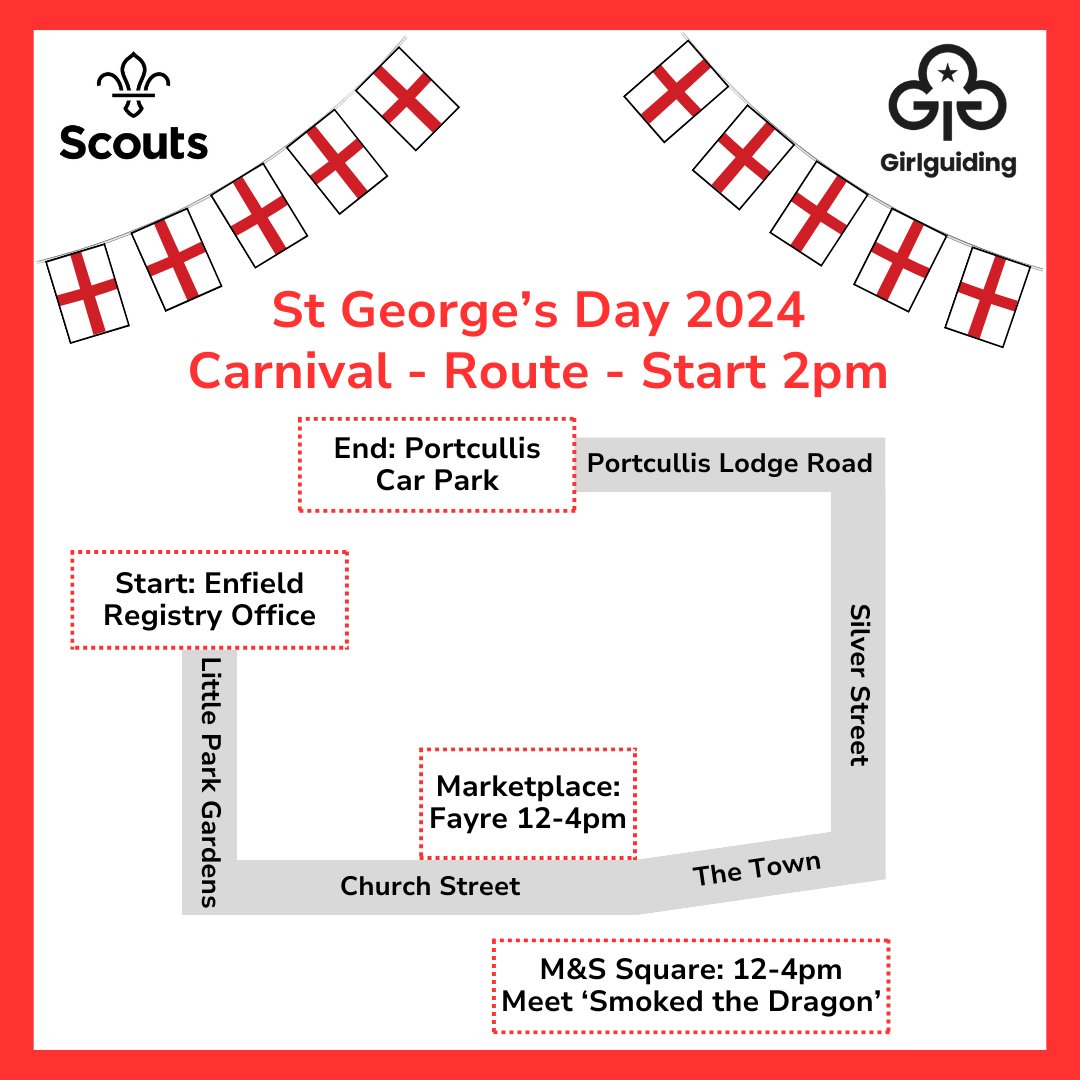enfieldscouts's tweet photo. Celebrate St George's Day with us this Sunday 28th April at our Carnival and Fayre🏴󠁧󠁢󠁥󠁮󠁧󠁿🏴󠁧󠁢󠁥󠁮󠁧󠁿

There will be live music and community stalls in Enfield Market between 12 and 4pm.

The carnival sets off from Enfield Registry Office at 2pm passing the marketplace &amp; Fayre

See you there! https://t.co/fpn0kHCNFV