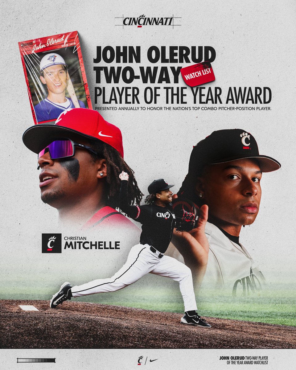 Congratulations to @C_Mitchelle3 on being named to the John Olerud Two-Way Player of the Year Award Watch List‼️ 📰➡️ bit.ly/3Wda6RK #Bearcats