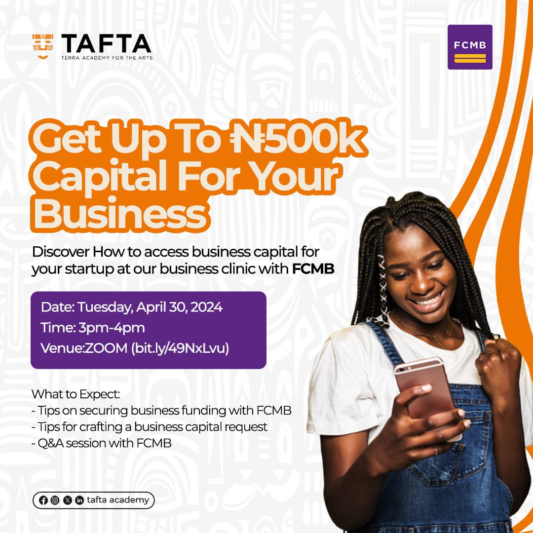 It's business clinic time with FCMB! ⏰ Join us on Zoom for tips on securing up to N500k capital for your startup. Learn to craft the perfect funding request and get your questions answered. Don't miss out! 🚀 Comment below with your business idea! 😁👇