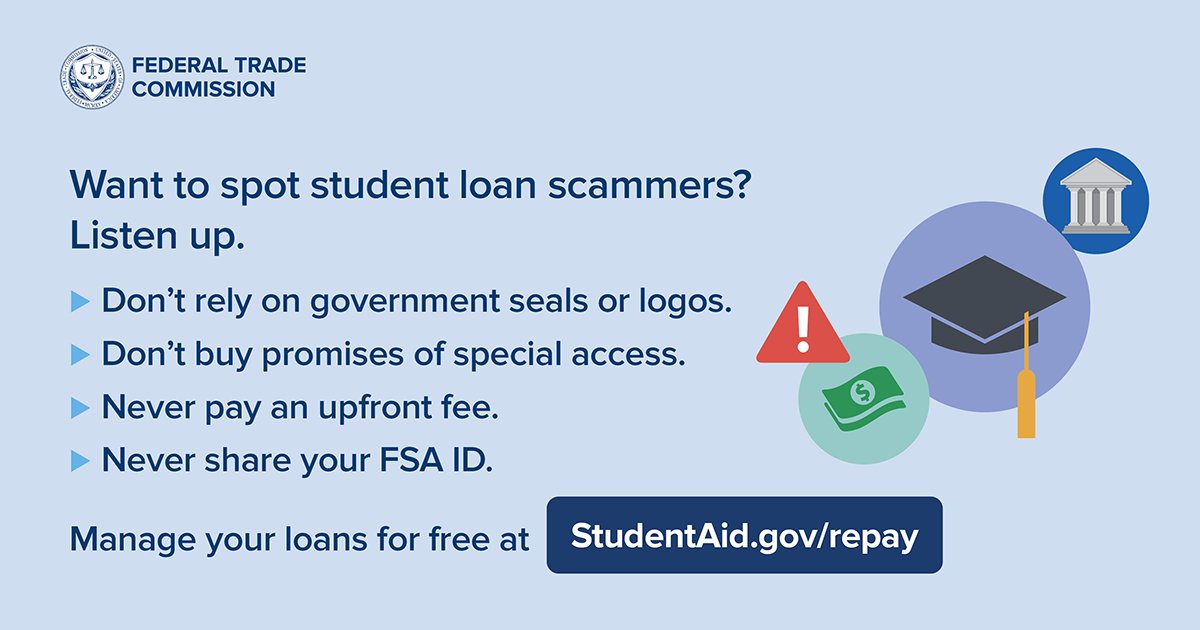 ⚠️ Beware of student loan scammers! ⚠️ Use this important information from @FTC to identify & stop student loan scammers: consumer.ftc.gov/consumer-alert… #WednesdayWisdom