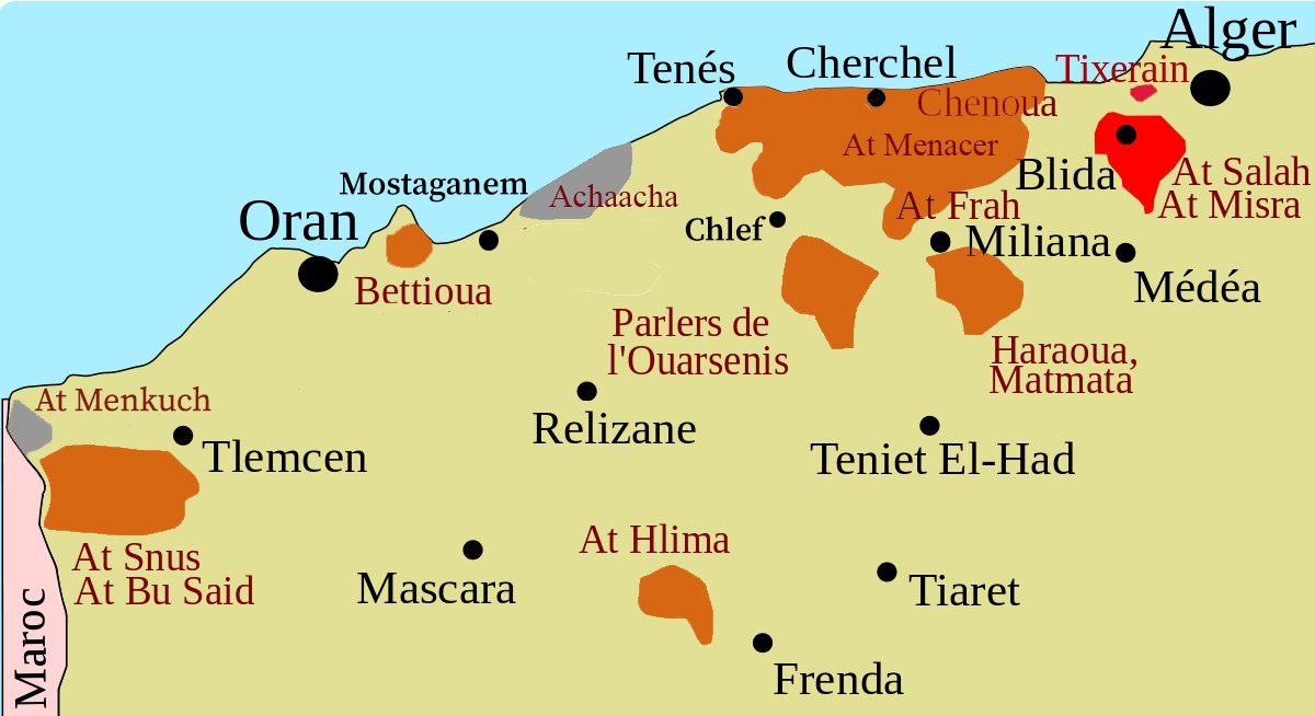 🗺️ [Berberophonie dans l'ouest Algérien 🇩🇿] : Voici une carte qui définit la situation de la berberophonie dans l'ouest algérien dans la période entre le 19 et le 20 ème siècle. 🟠 : Parlers zénètes ⚪️ : Parlers zénètes éteints avant le 20 ème siecle 🔴 : Parlers sanhadjiens