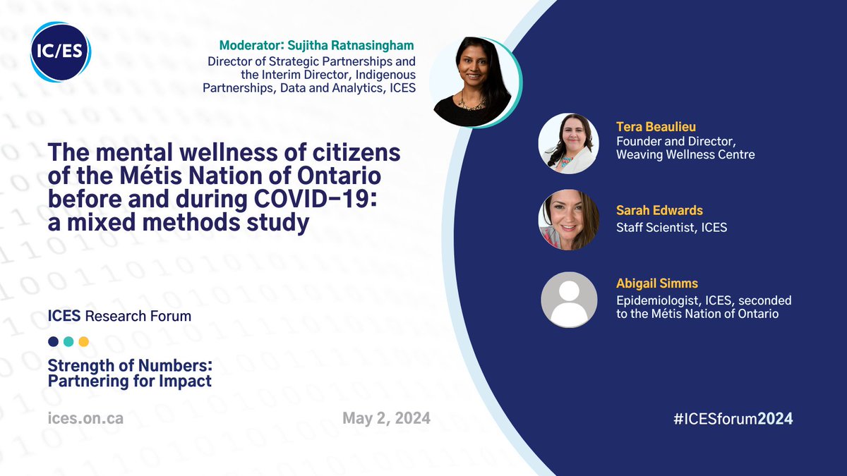 This #ICESforum2024 presentation will share preliminary results from a mixed methods study examining both health service administrative data & speaking directly with Métis citizens in ON to explore mental wellness before and during the pandemic. Register registration.socio.events/e/ices2024