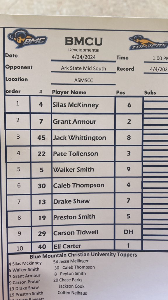 Game 1 Line up for Developmental vs @ASU_MidSouth