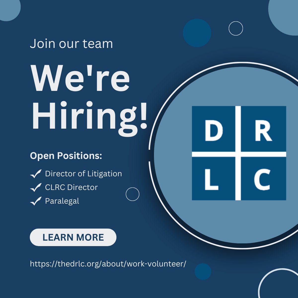 CancerLegalHelp's tweet image. We are excited to announce that we are hiring!
Founded in 1975, Disability Rights Legal Center (DRLC) is the nation’s oldest non-profit public interest cross-disability law center. Are you interested in joining our team? Visit thedrlc.org/about/work-vol… to learn more!