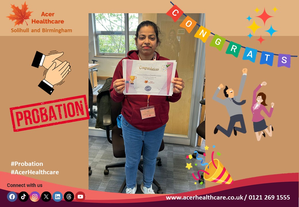 🎉 Congratulations to Tulika who passed her probation this week. Well done 🥂#probation 
#AcerHealthcare #birmingham #solihull #liveincare #care #HomeCare