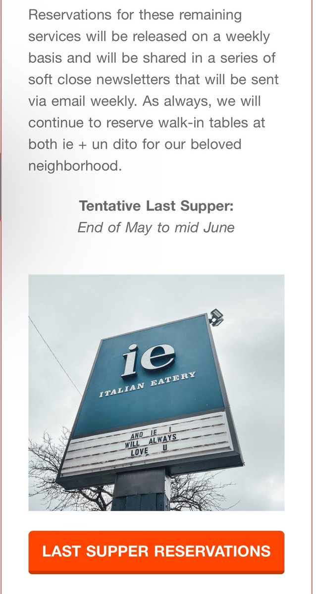 Italian Eatery via email announces it’s closing! I’m surprised! Saddened! Last supper will be end of May to mid-June. The owners were on my radio show in November omny.fm/shows/drivetim…