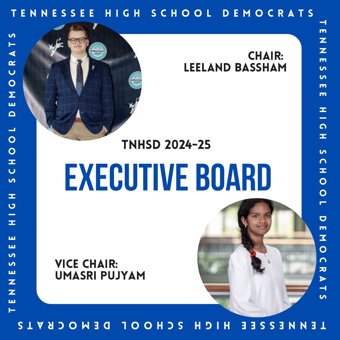 tnhsd's tweet photo. We are proud to announce our 2024-25 Executive Board! Our Chair is @LeelandBassham out of Montgomery County and Umasri Pujyam out of Shelby County! 

Let’s congratulate them on this amazing win! The official executive board transition will occur on May 16! https://t.co/4ke0j8o1EC