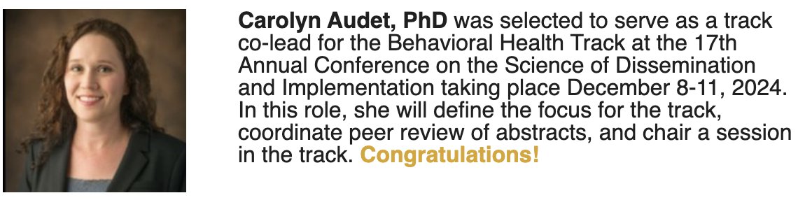 🗓️📣 @AcademyHealth’s 17th Annual Conference on the Science of D&I will take place on December 8-11, 2024!

In exciting news, CCQIR’s @carolyn_audet has been selected to co-lead the Behavioral Health Track 👏 We hope to see you there! #impsci