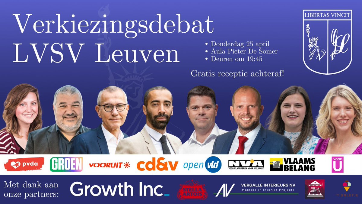 Morgen, donderdag 25 april, organiseren wij een groot verkiezingsdebat in de Pieter De Somer-aula! Deuren openen om 19u45, start debat om 20u30.

Gratis receptie achteraf 🥂 

- Inschrijvingslink: bit.ly/3WwEZB9
- Meer info: bit.ly/3JvKMPs