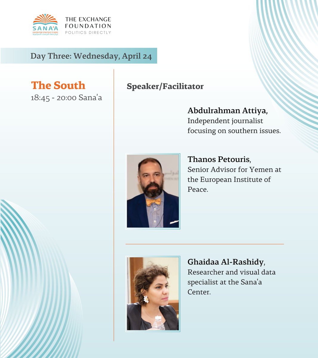 SanaaCenter's tweet photo. ... while Abdulrahman Attiya and @alYunaniAdani shared their analysis of Yemen's so-called 'Southern question.' Both panels moderated by @galrashidy. https://t.co/qfJ8sNHzFc