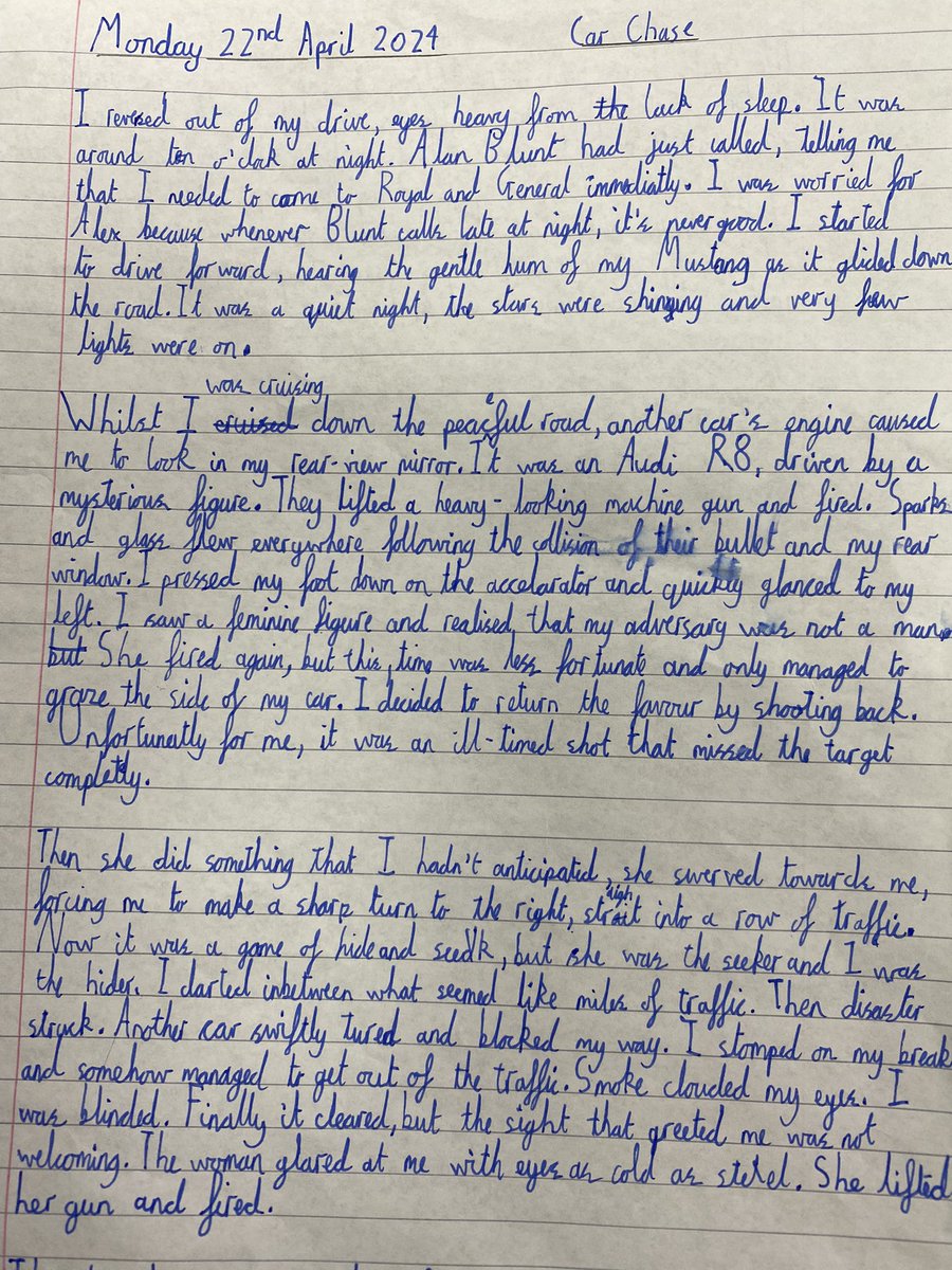 Some fantastic writing from Y6 this morning! They have been looking at how authors create tension in their writing and have been inspired by @AnthonyHorowitz to write their own version of the car chase in Stormbreaker. #WorkingLikeAnAuthor