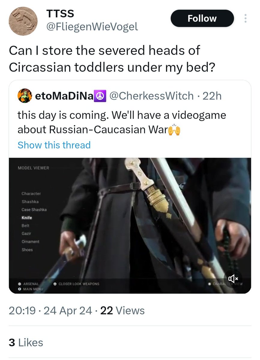 during the Circassian genocide one Russian general was collecting skulls of Circassians people, toddlers included. Meanwhile typical Ivan from Russia is really proud of it. Russia must lose the war in Ukraine in order to realize it's war crimes. And it will but at what cost