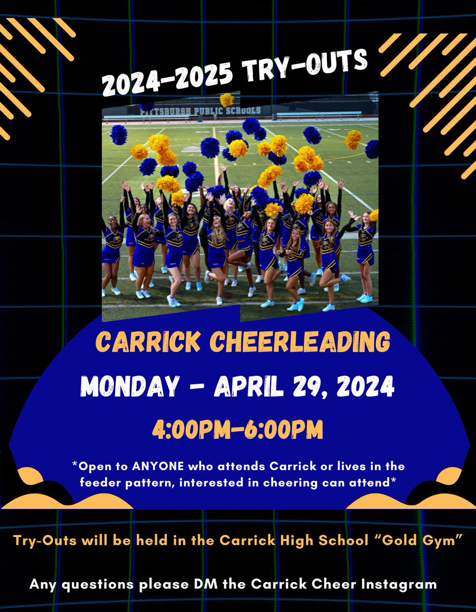 2024-2025 Carrick Cheer Try-Outs

Try-Outs are open to anyone attending or living in the Carrick feeder pattern. (Including- CAPA, PA Cyber &amp; City High students.

<a href="/PpsSports/">PPSSports</a> 
<a href="/PGHCityLeague/">PGH City League Athletics</a>