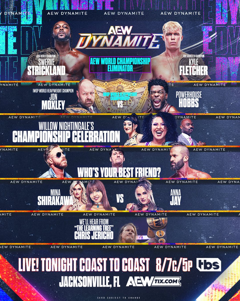 The post #AEWDynasty edition of #AEWDynamite is LIVE TONIGHT COAST-TO-COAST 8pm ET/5pm PT on @TBSNetwork, from @dailysplace in Jacksonville FL!