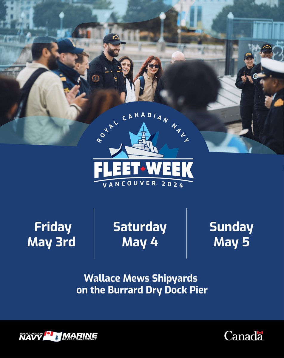 Save the date! 🗓️ Vancouver Fleet Week is just a few weeks away where we'll be inviting you to come aboard our ships, enjoy interactive displays, and more! 📍The Shipyards in @CityOfNorthVan canada.ca/en/navy/campai… #FleetWeek #HelpLeadFight