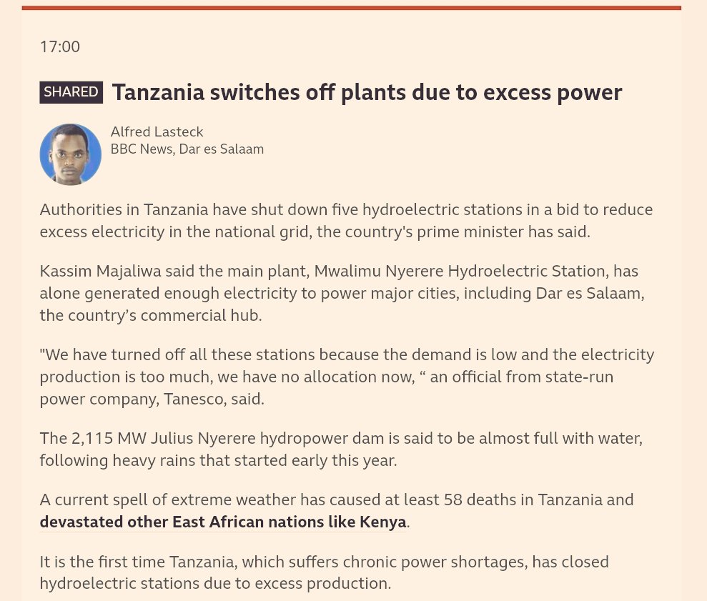 Tanzania has shut down 5 hydropower stations due to excess electricity as heavy rains & high dam levels have caused a surplus in electricity. First time ever for the nation that usually faces power shortages. #Tanzania [@BBCAfrica]