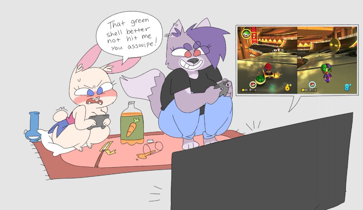 Shoobular's tweet photo. A (mostly) friendly game of Mario Kart!
uh oh new character alert https://t.co/LkJ7CiVJ8a