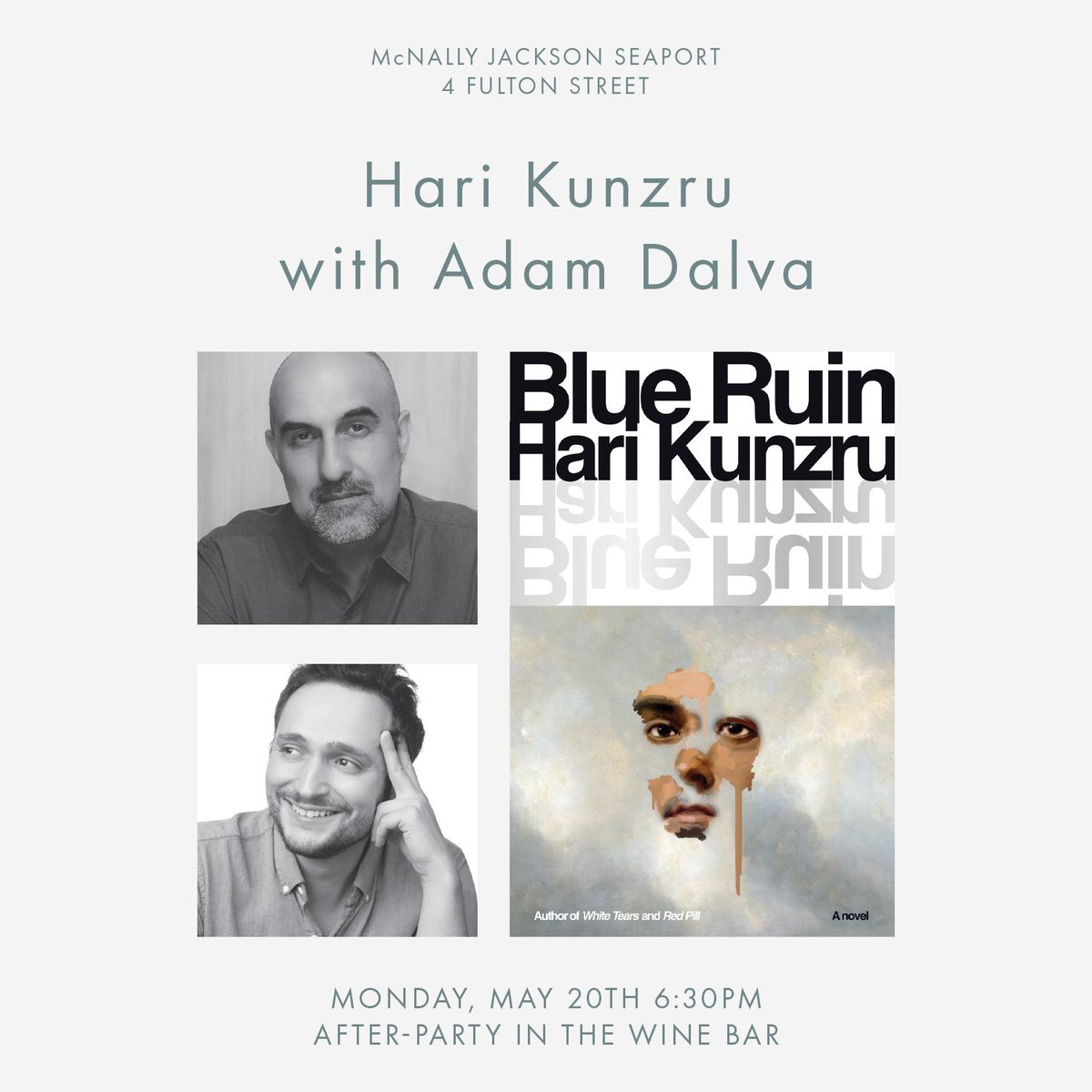 Really thrilled to be talking with @harikunzru about his terrific new novel BLUE RUIN on May 20th at McNally Jackson Seaport - register here and join us: mcnallyjackson.com/event/hari-kun…