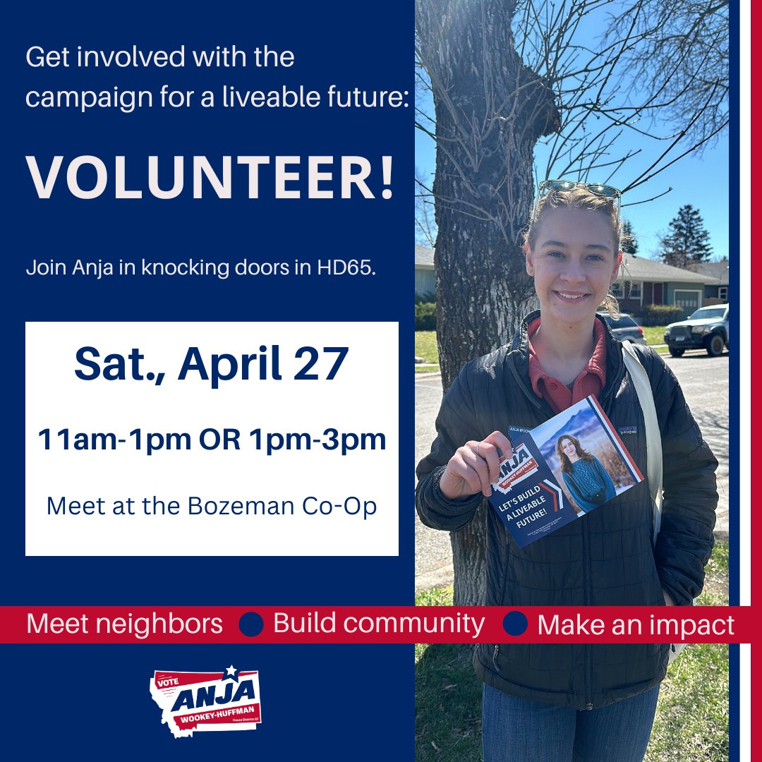 AnjaForMontana's tweet photo. THIS SATURDAY! Join #TeamAnja!
Saturday, April 27 from 11am-1pm OR 1pm-3pm
Meet upstairs at the Bozeman Co-Op!
https://t.co/rMxS1QGPq1
#AnjaForMontana #mtleg #mtpol https://t.co/uj4uoCtHRg