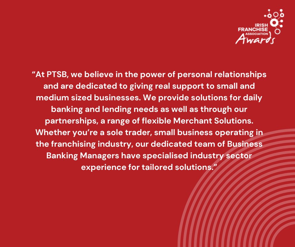 Thank you to PTSB  our Franchise Supplier of the Year category sponsor ✨ 

ptsb.ie

#IFAA24