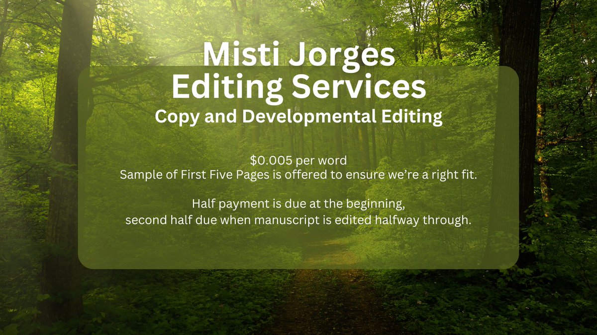 Copy and Developmental Editing Services!! Just half a penny per word with the first five pages offered as a sample to ensure we're a right fit. Comment here or DM me with any questions. You can also find me on Kofi! ko-fi.com/mistijorges