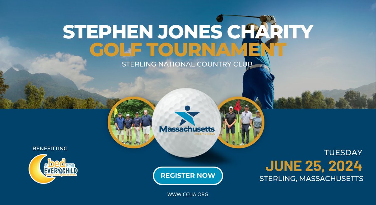 Join us at the Stephen Jones Credit Union #CharityGolf Tournament on June 25th, hosted by MA #CreditUnions at Sterling National Country Club. Proceeds benefit A Bed for Every Child. 

🏌‍Let's come together for a day of golfing for a great cause! buff.ly/4cTuRb0