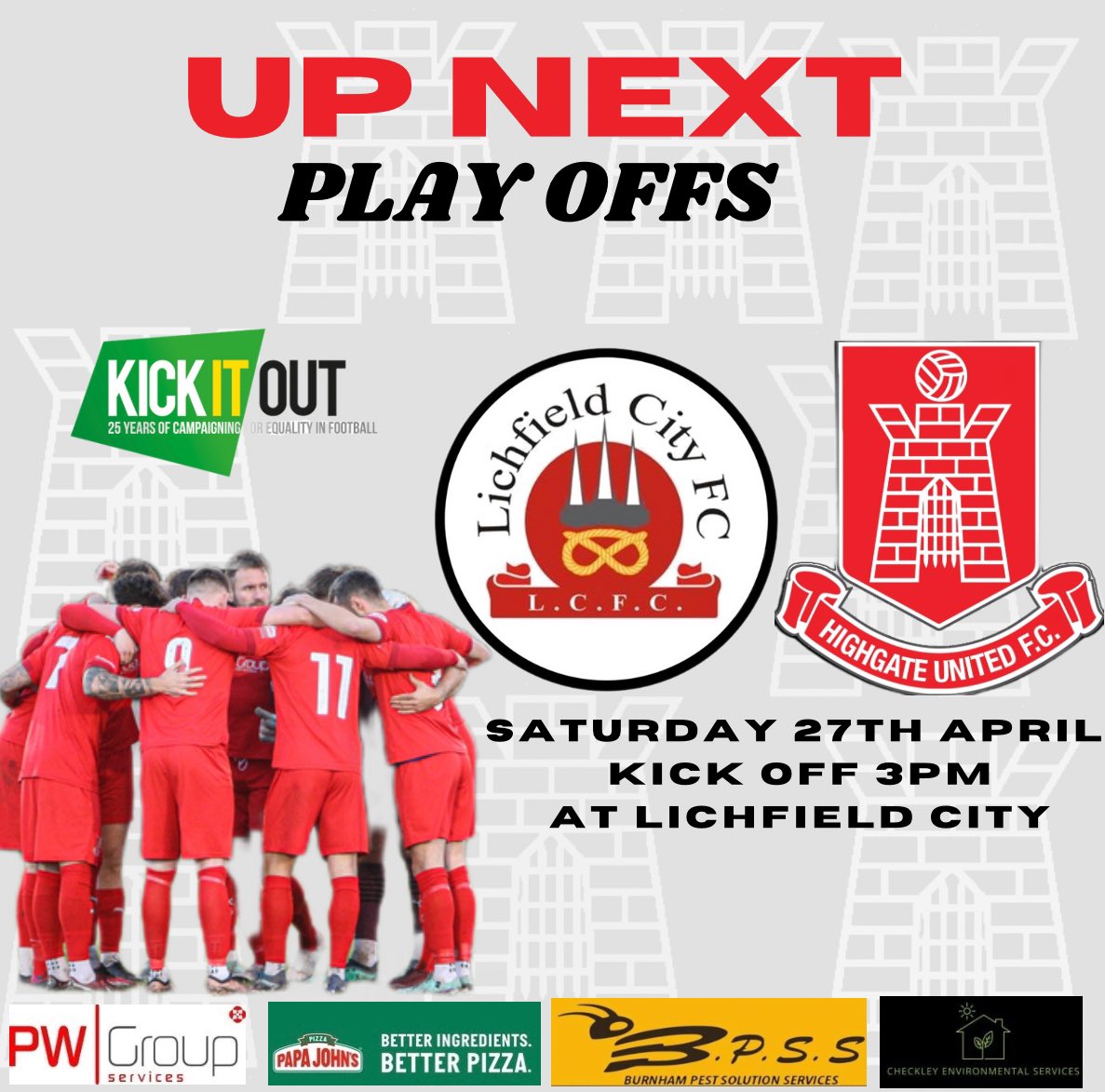 🅝🅔🅧🅣 🅤🅟 is a big one  -                      𝑷 𝑳 𝑨 𝒀  𝑶 𝑭 𝑭 𝑺
We travel to <a href="/lichfieldcityfc/">Lichfield City FC</a> on Saturday for a fantastic opportunity to play in the play off finals, in hope for promotion. We’re hoping you can all come &amp; support us!  

#UPTHEGATE