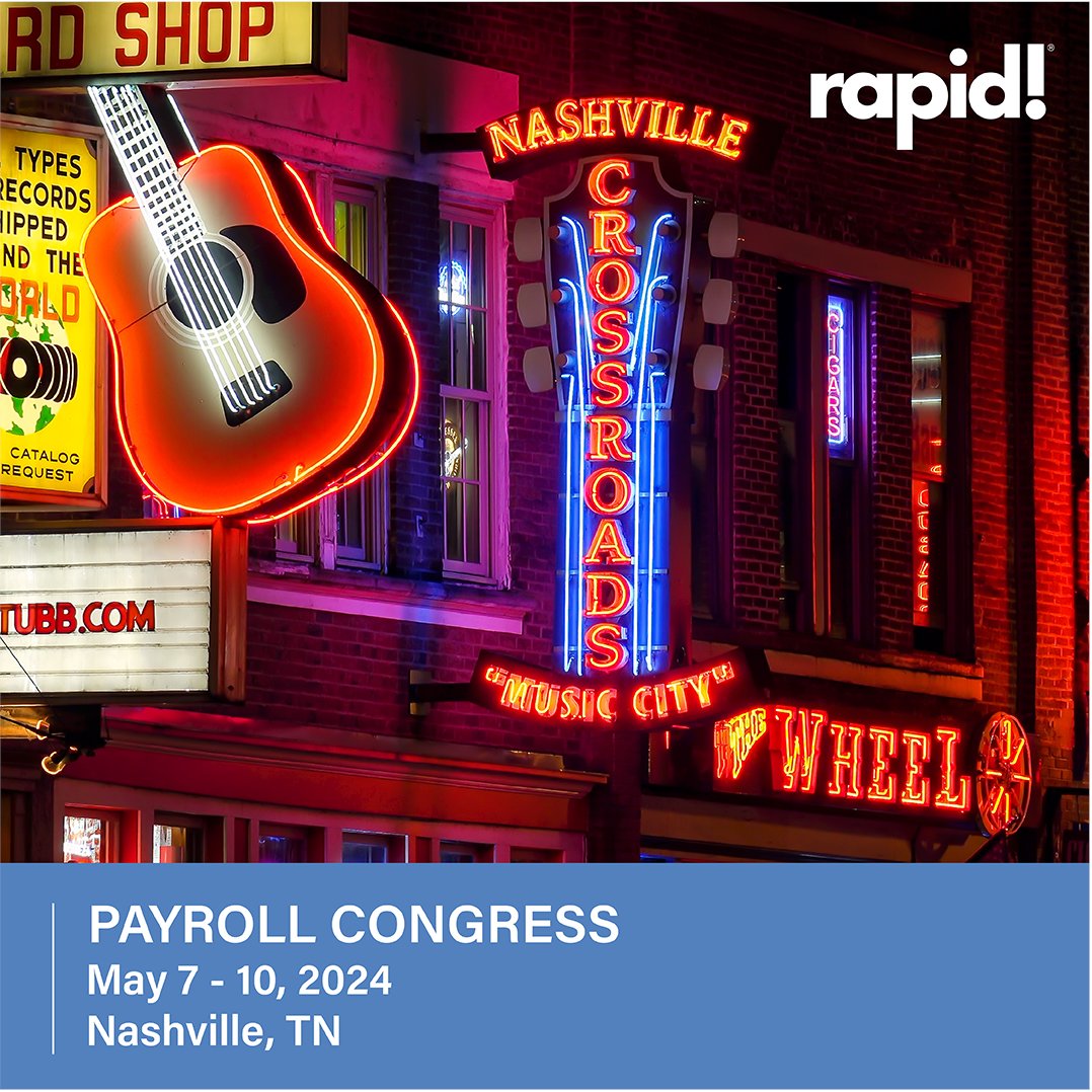 Join us at Payroll Congress in #Nashville for a week filled with learning, networking, and fun! #MarkYourCalendars for May 7th and make sure to catch our exciting events with #rapid! You won't want to miss it!  #PayCon #SaveTheDate #PayCard #OnDemand