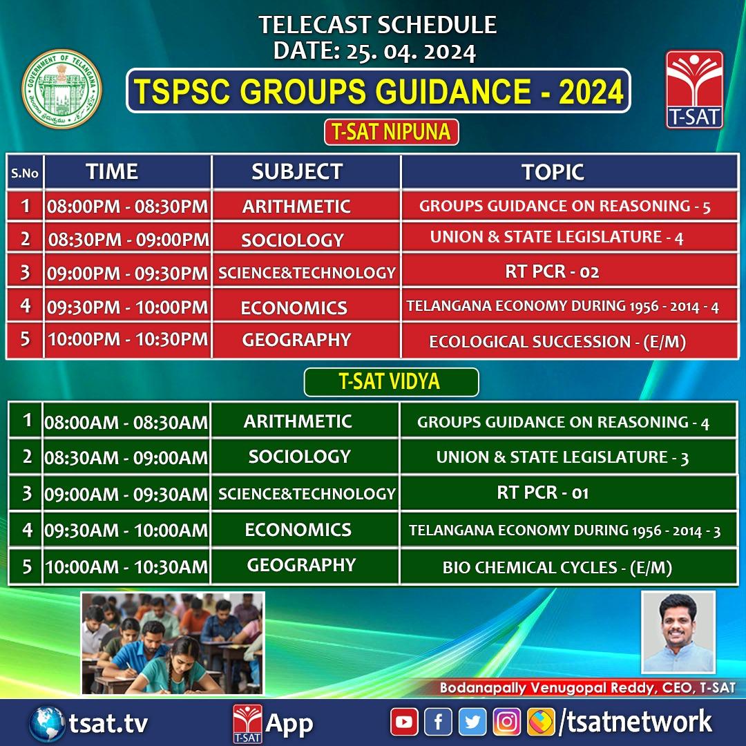 TSATnetwork's tweet photo. గ్రూప్స్ ఉద్యోగ గైడెన్స్ ✅2024  ఏప్రిల్ 25వ తేదీ టి-సాట్ 'నిపుణ' మరియు 'విద్య' ఛానళ్ళ ప్రసారాల షెడ్యూల్ #TSPSCgroups #EducationTSAT https://t.co/48RgZE9zYk