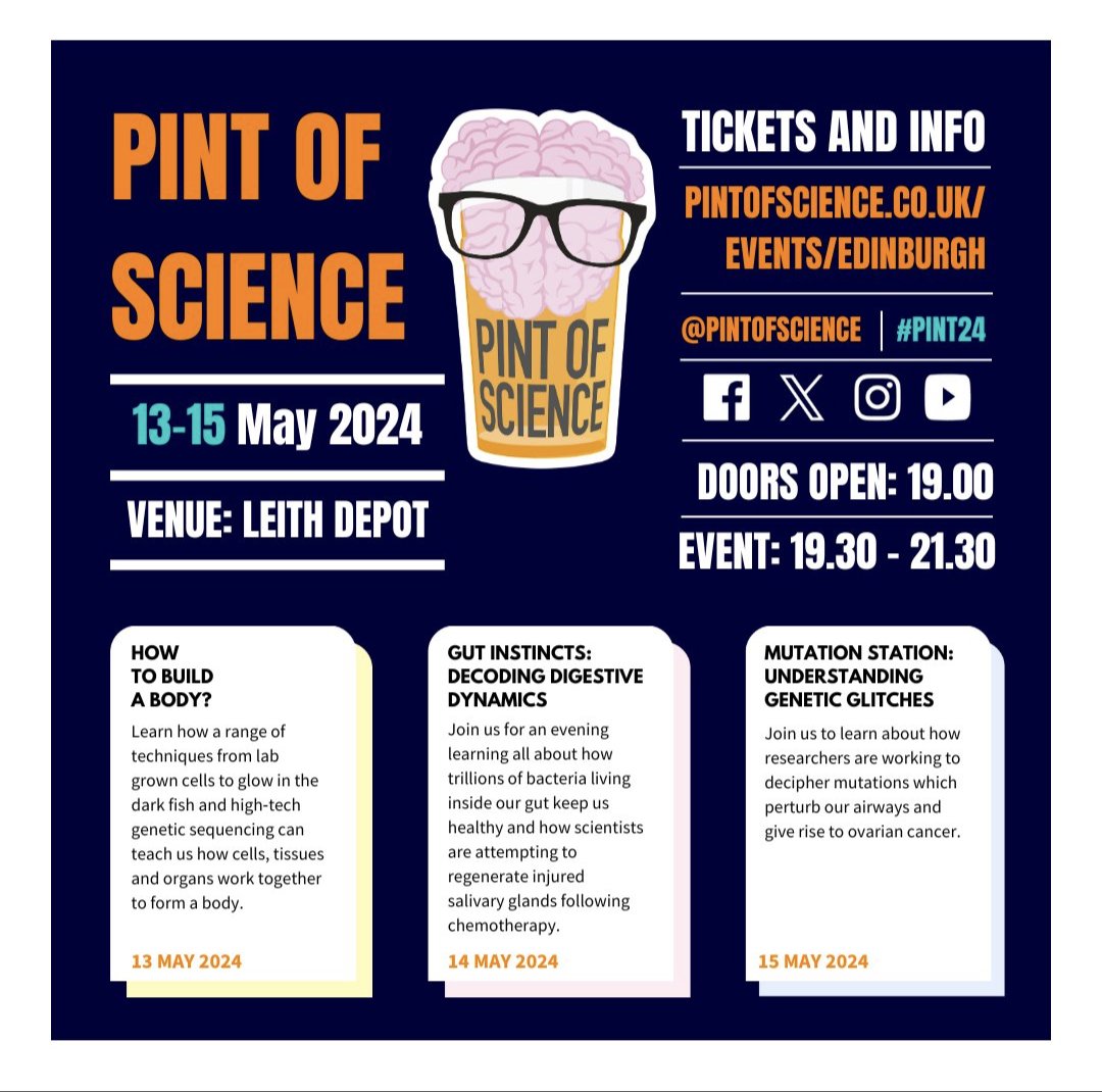 <a href="/pintofscience/">Pint of Science UK</a> @Alex_Brombin <a href="/pintsworld/">Pint of Science World</a> <a href="/EdinUniMedicine/">Edinburgh Medical School</a> <a href="/EdinUni_IGC/">Institute of Genetics and Cancer</a> <a href="/mrc_hgu/">MRC_HGU</a> <a href="/leithdepot/">LEITH DEPOT</a> We are also running two other great events on 14th &amp; 15th May under our biomedical theme if you're more interested in spit 💦  and gut bacteria 🦠 or understanding disease mutations 👩‍💻 #pint24
pintofscience.co.uk/events/edinbur…