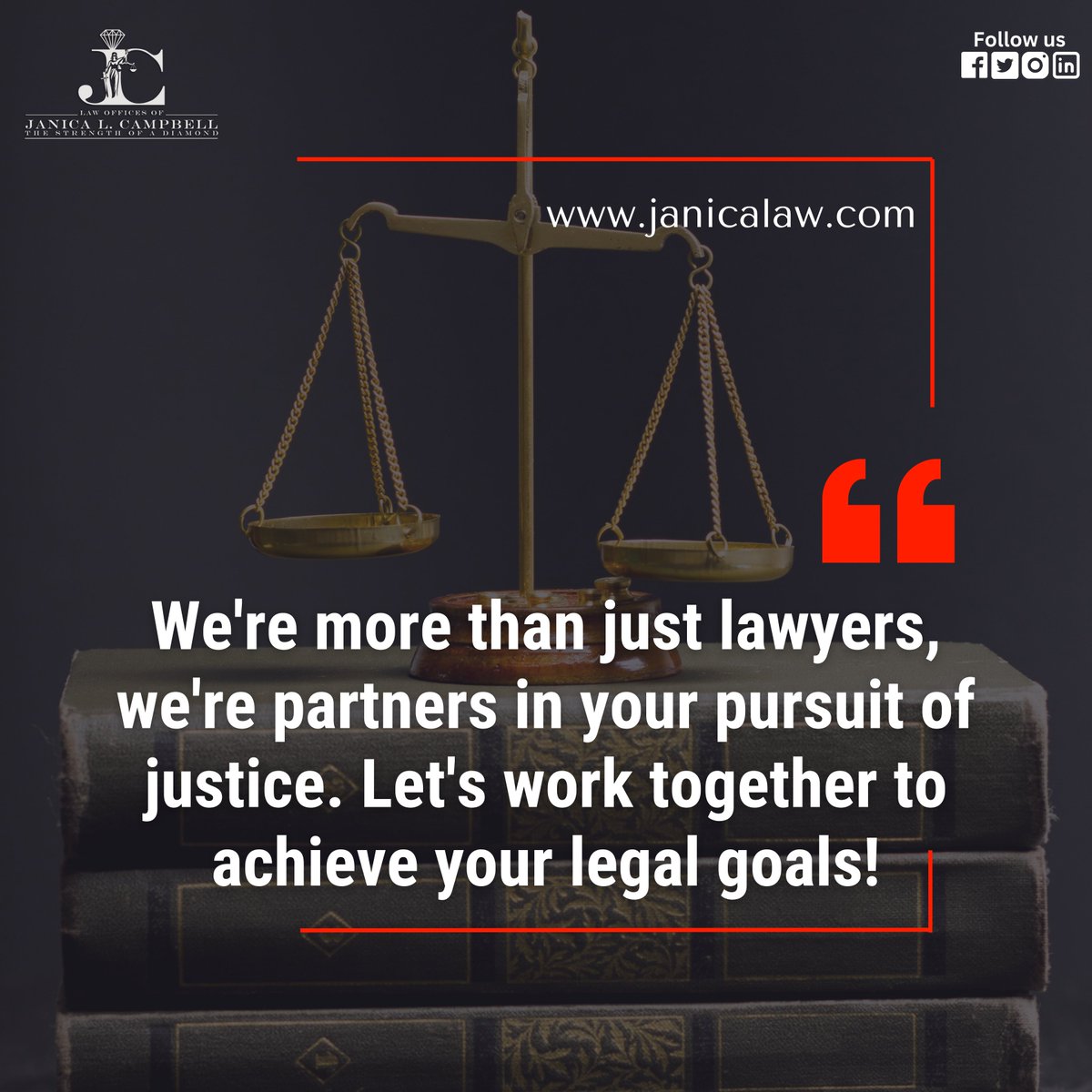 👩‍⚖️🌟 We're more than just lawyers, we're partners in your pursuit of justice. Let's work together to achieve your legal goals! 💼 

Visit our website: janicalaw.com

#LegalPartners #JusticeSeekers #LegalAdvice #LegalConsultation #LegalExperts #LawFirmLife #LegalServices