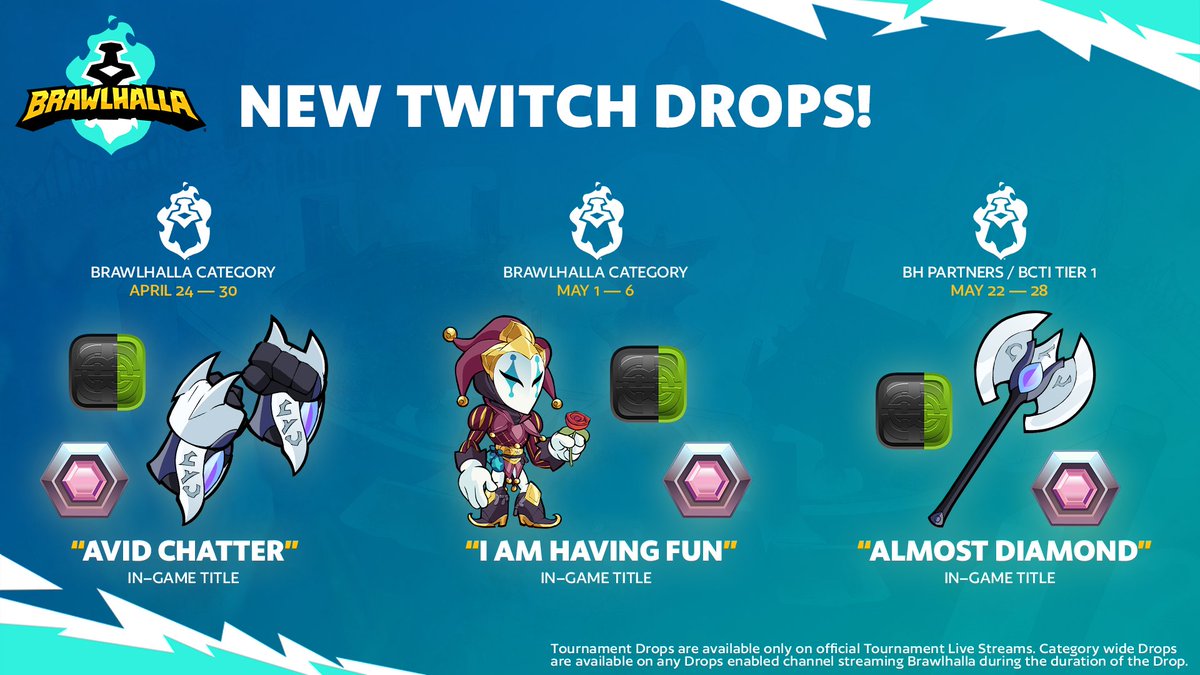 Another round of Twitch drops for the Brawlhalla Category are LIVE! Brawlhalla.com/Watch
