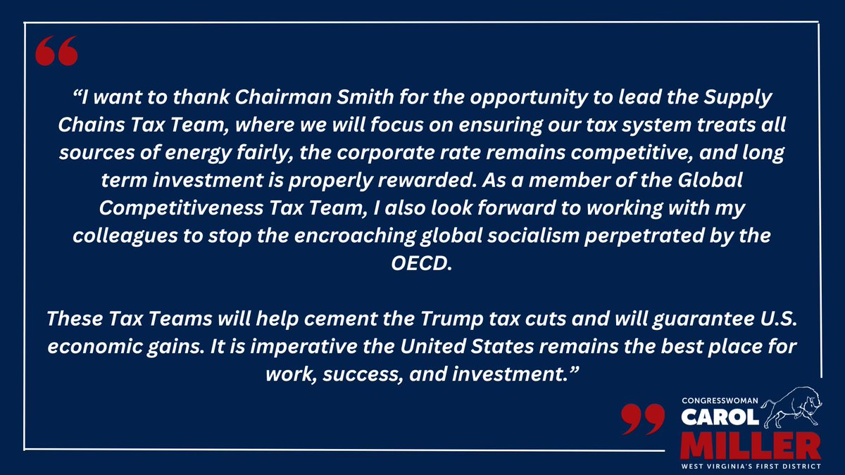 I'm honored to be the chair of the @WaysandMeansGOP Supply Chains Tax Team where we will ensure U.S. energy is protected, our corporate rate is competitive, and the U.S. remains a strong place to invest. Read my statement below ⬇️