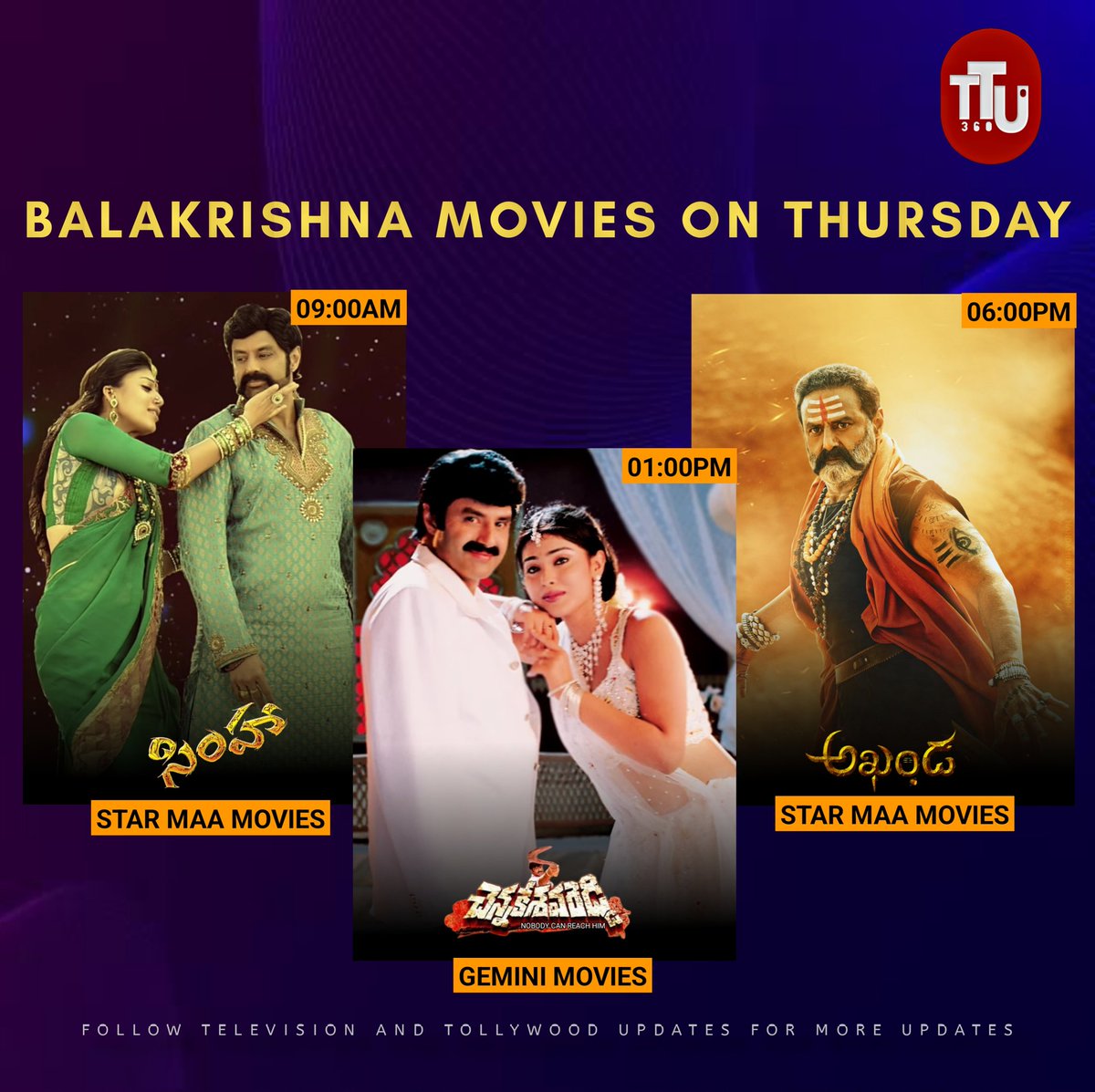 NBK special movies on Thursday

#Simha 09:00AM on #StarMaaMovies
#ChennakesavaReddy 01:00PM on #GeminiMovies
#Akhanda 06:00PM on #StarMaaMovies

#NandamuriBalakrishna #Nayanathara #SnehaUllal #Tabu #ShriyaSaran #PragyaJaiswal #NBK109