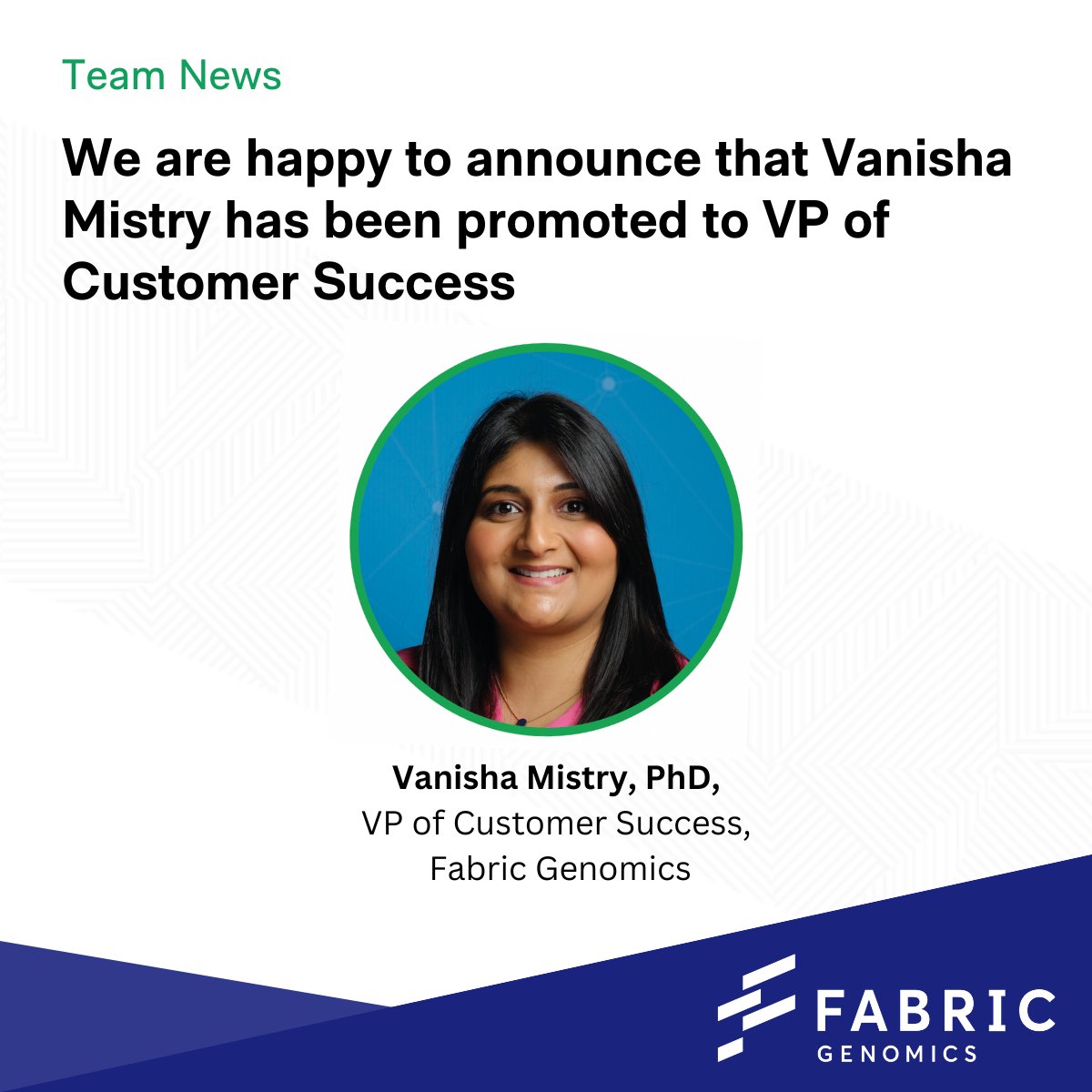FabricGenomics's tweet image. 🌟 We're very happy to share the exciting news of Vanisha Mistry's promotion to VP of Customer Success! She's been an incredible force on our team for many years, embodying dedication, creativity, and unwavering expertise every single day. Congratulations Vanisha!