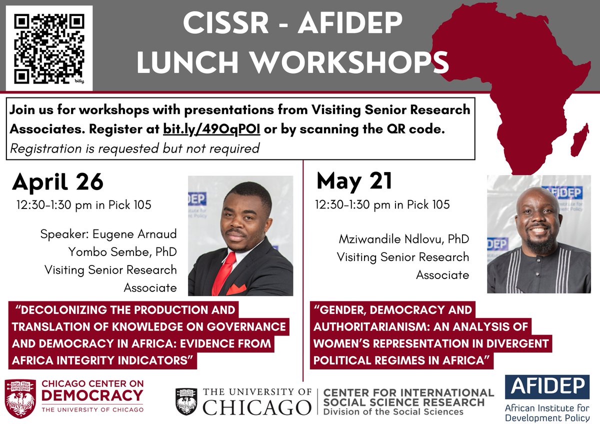 We are excited to announce two upcoming workshops with Visiting Senior Research Associates @arnaudyombo and @Thwalimbiza from @Afidep. These CISSR-sponsored workshops are presented in partnership with @uchidemocracy. Register here: …icagosocialsciencesdivision.wufoo.com/forms/w9igl591…