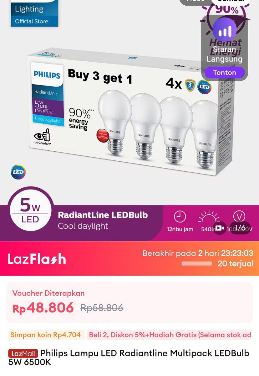 *[ LAZADA ]*
Philips Lampu LED Radiantline Multipack LEDBulb 5W 6500K 
racun.in/iW434