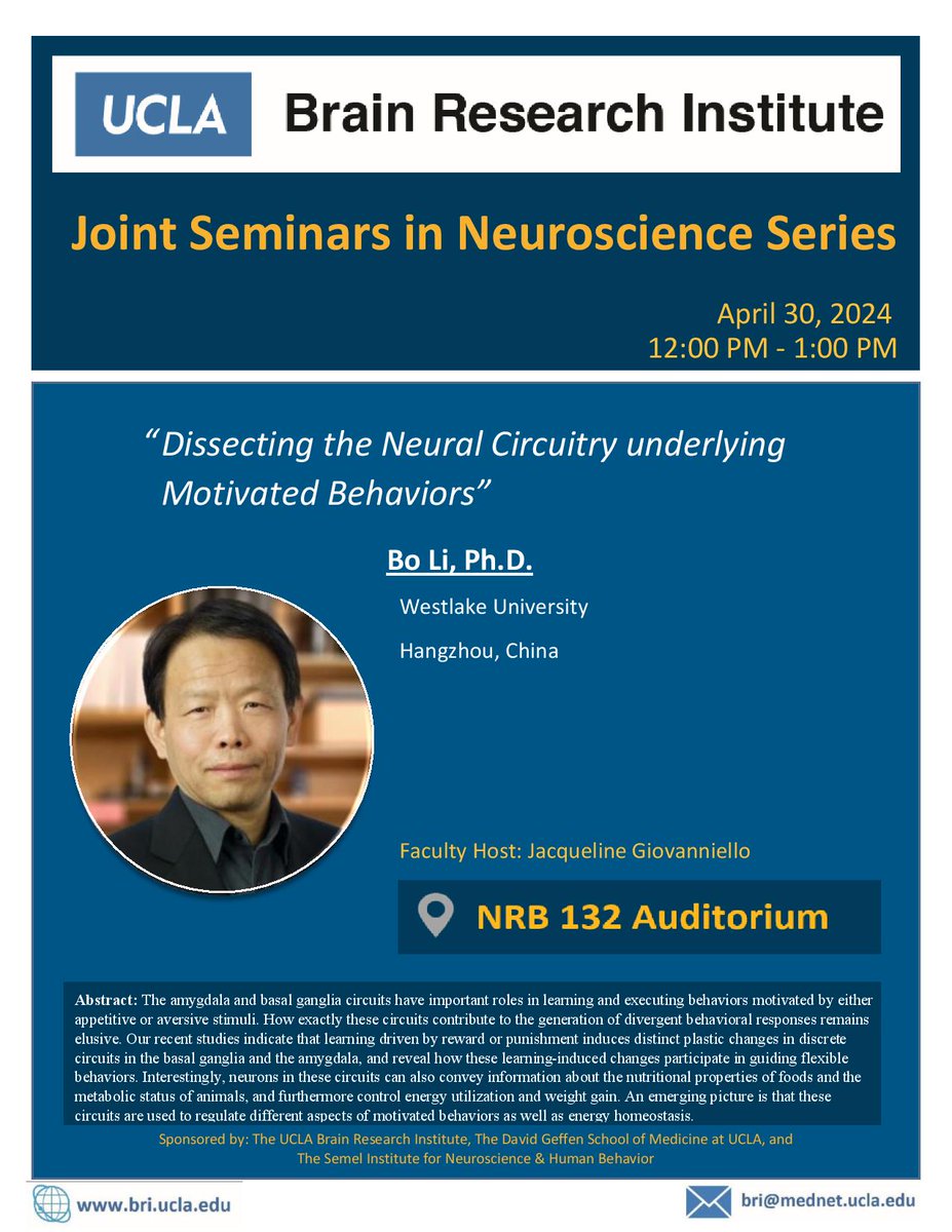 Please join us on Tuesday, April 30, 2024 at 12pm for our Joint Seminars in Neuroscience Series featuring Bo Li, Ph.D.