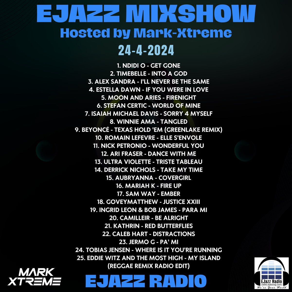 #EjazzMixShow Mon-Friday 1-2pm EAT on Ejazz Radio hosted by Dj Mark-Xtreme

24-4-2024 Playlist

#MixShow #Newmusic #goodmusic #Radio #Indieartists #indiemusic