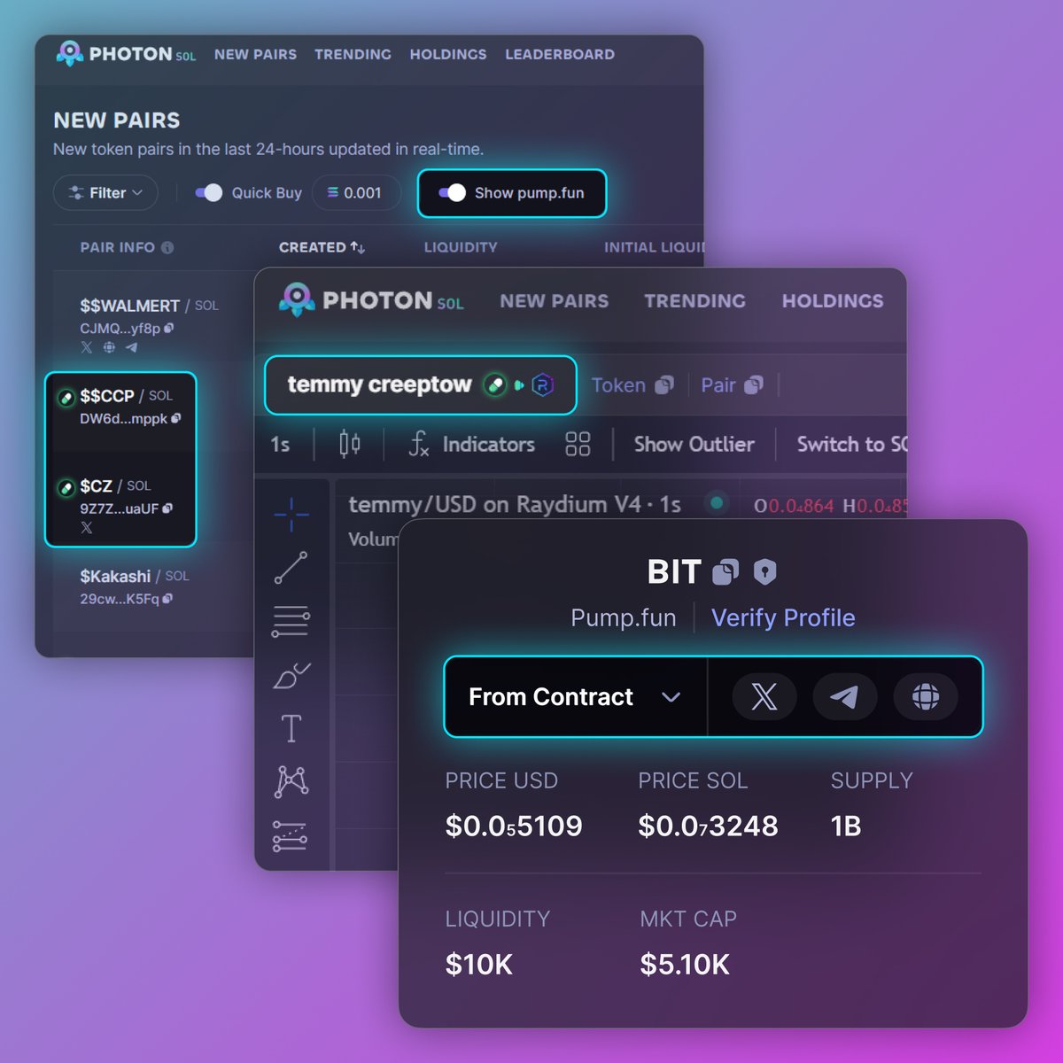 tradewithPhoton's tweet photo. You can now trade Pump. fun tokens on Photon

1⃣ Simple + Clean UI that you’re all used to.
2⃣ Accurate views of all charts – from token launch till now – all in real-time.
3⃣ Unique icon to easily see when a token has graduated from Pump. fun to Raydium.
4⃣ Easily toggle on/off Pump. fun tokens on New Pairs/Trending pages.
5⃣ Conveniently access socials for all tokens.

Please exercise caution when trading these tokens as Pump. fun token contracts are modifiable by the Pump. fun team at any time.