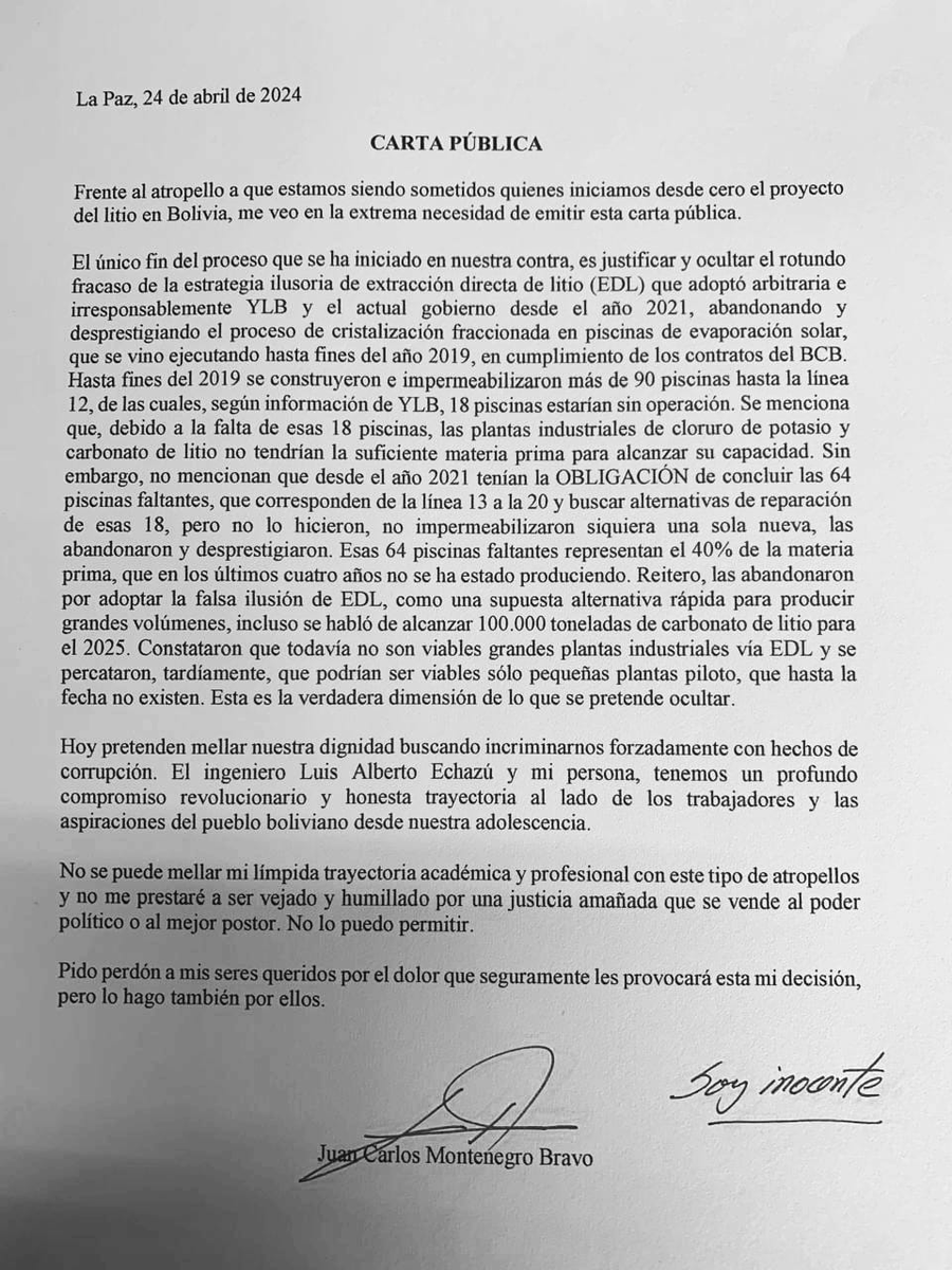 El exgerente de YLB Juan Carlos Montenegro dejó una carta póstuma en la que se declara inocente en el caso de “irregularidades” en las piscinas de evaporación de la planta de litio en Uyuni, Potosí. #LoÚltimo la-razón.com