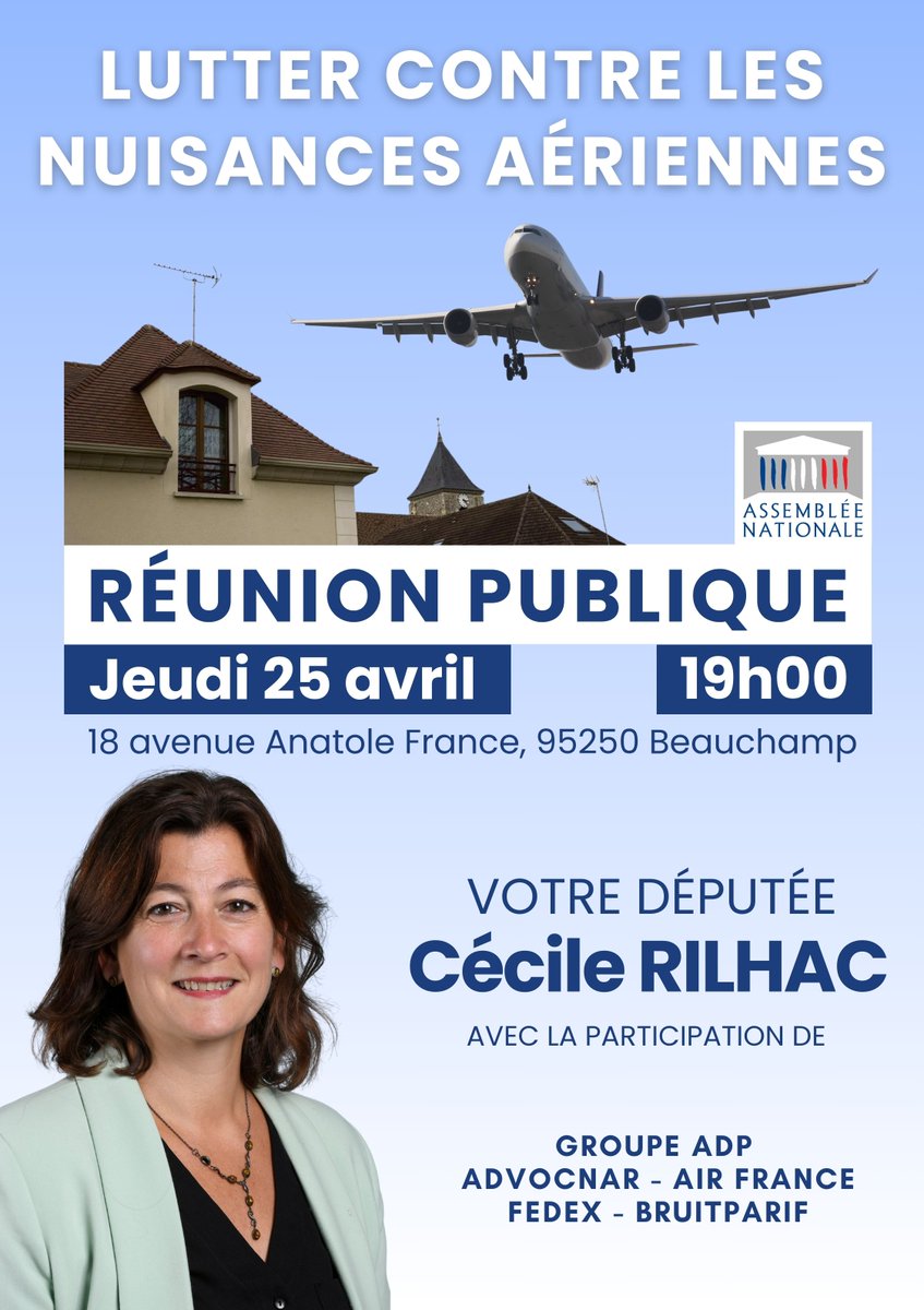advocnar's tweet photo. 📢Réunion publique  « Lutter contre les nuisances aériennes » organisée par @Cecile_Rilhac députée 3è circo 95 
👉Jeudi 25 avril - 19h à Beauchamp
👉Intervenants : @GroupeADP @advocnar @Bruitparif @AirFranceFR  @FedEx 
Venez nombreux poser vos questions ❗️
@NonAuTerminal4 @FneIDF https://t.co/WzLcq5t9D0