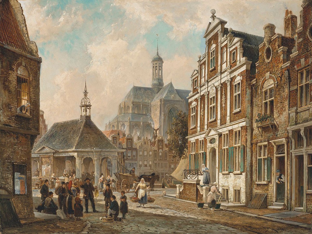 De Vismarkt te Groningen. De naam wordt voor het eerst gebruikt in het begin van de 15de-eeuw. Voordien stond de plek bekend als Langestraat.

#Nederland 🇳🇱

🎨 Cornelis Christiaan Dommersen