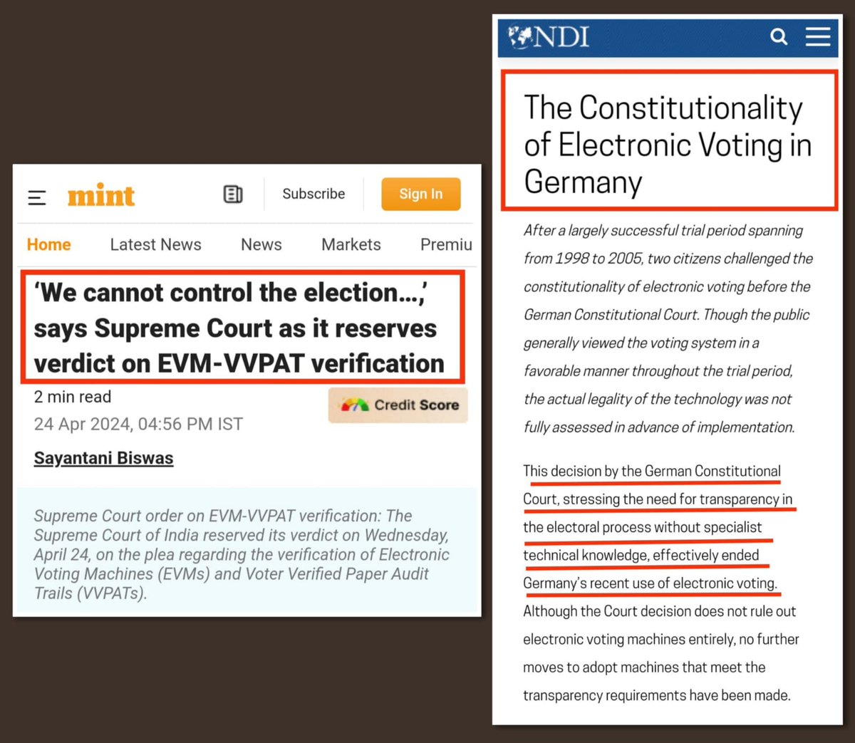 The difference between us and them .... they value voters/we revere machine. Their Court banned EVM, questioning the opacity which defeats the requirement of public examinability of all essential steps in election/our Court questioned voters' motive in questioning EVM.