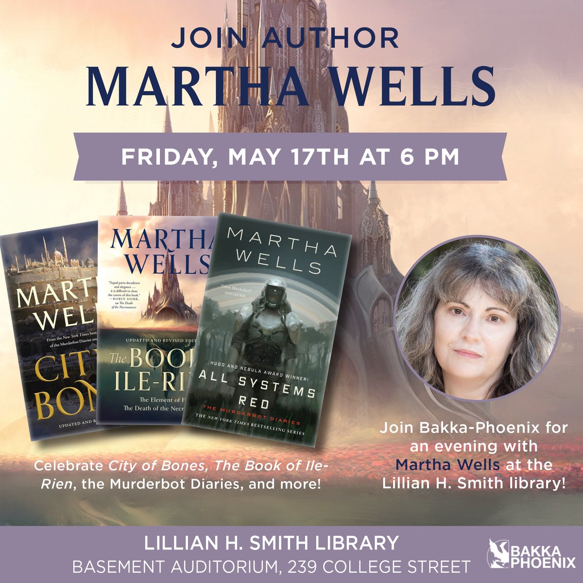 We're excited to announce that we'll be doing an event Friday May 17th from 6:00-8:00pm with Martha Wells! Join us at the @TPLLillianSmith library for an evening with Martha, where we'll celebrate the Books of Ile-Rien, Raksura, Murderbot, Witch King, and everything in-between.