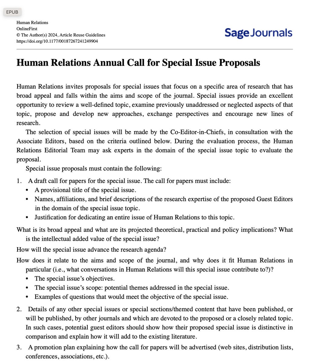 We, as Human Relations, @HR_TIHR, invite #proposals for #special #issues that focus on a specific area of research with a #broad #appeal within the aims and scope of the journal. 'Human Relations Annual Call for Special Issue Proposals' humanrelationsjournal.org @T_I_H_R