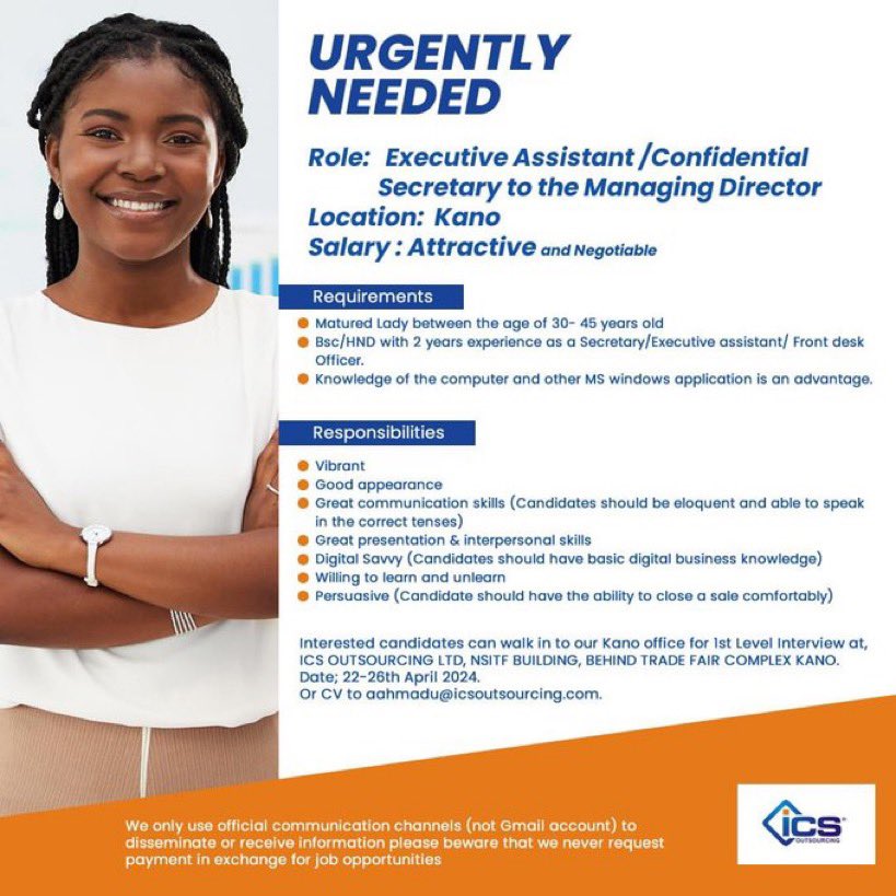 Urgent call for job application! Repost ♻️

VACANCY!

Executive Assistant

send CV to aahmadu@icsoutsourcing.com

#vacancy #hiring #vacancy twitter.com/messages/media…