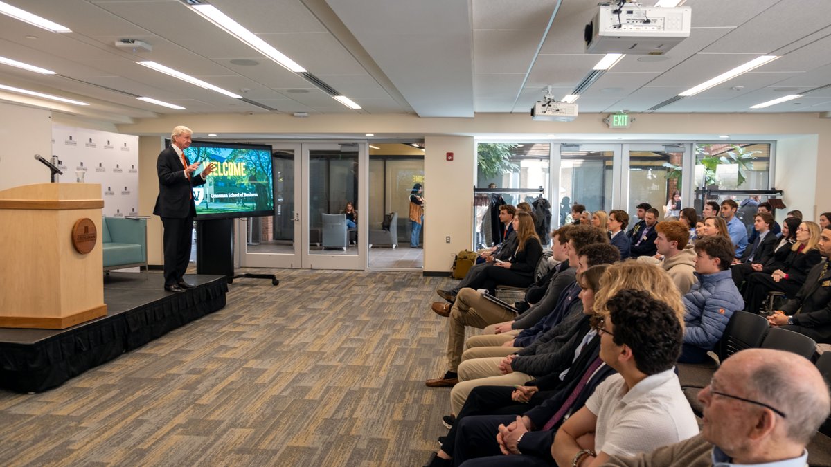 UVMBizSchool's tweet photo. Chuck Davis '72, founder of Stone Point Capital, imparted wisdom to @uvmvermont students at the Hoffman Family Business Lecture. 🎓✨ Sharing insights into his career journey, students gained invaluable lessons. A sincere thank-you to Chuck! Learn More: https://t.co/M9AeOYJg1u https://t.co/7MQxkg2fZ9