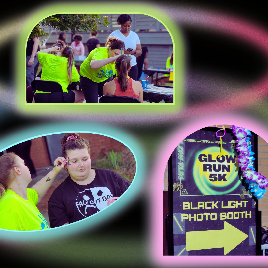 🏃‍♂️ What a fun time at the Glow Run 5k last night! 🏃‍♀️ There was face painting, glow gear, a black light photo booth, and more. Thanks to @southernmisscampusrec for hosting such a vibrant event. #SMTTT #HealthisGolden #LetsGetGlowing