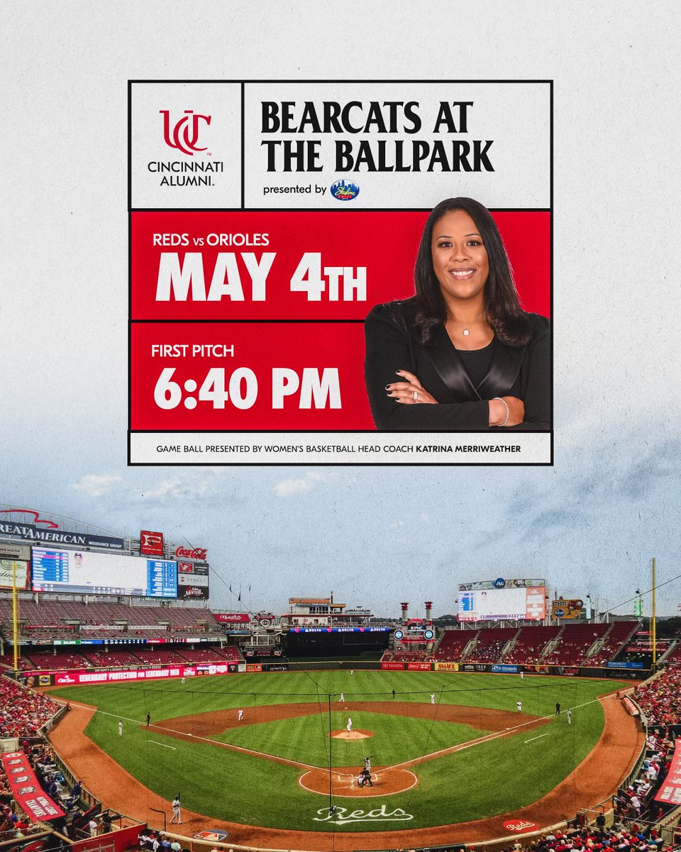 Play ball! ⚾️ Join us May 4th as the Reds face the Orioles for Bearcats at the Ballpark––presented by @Skyline_Chili. The game ball will be presented by @CincyCoachTrina! Tickets are on sale now, and a portion of ticket proceeds benefit UC. 🎟️: cpaw.io/dcb06f